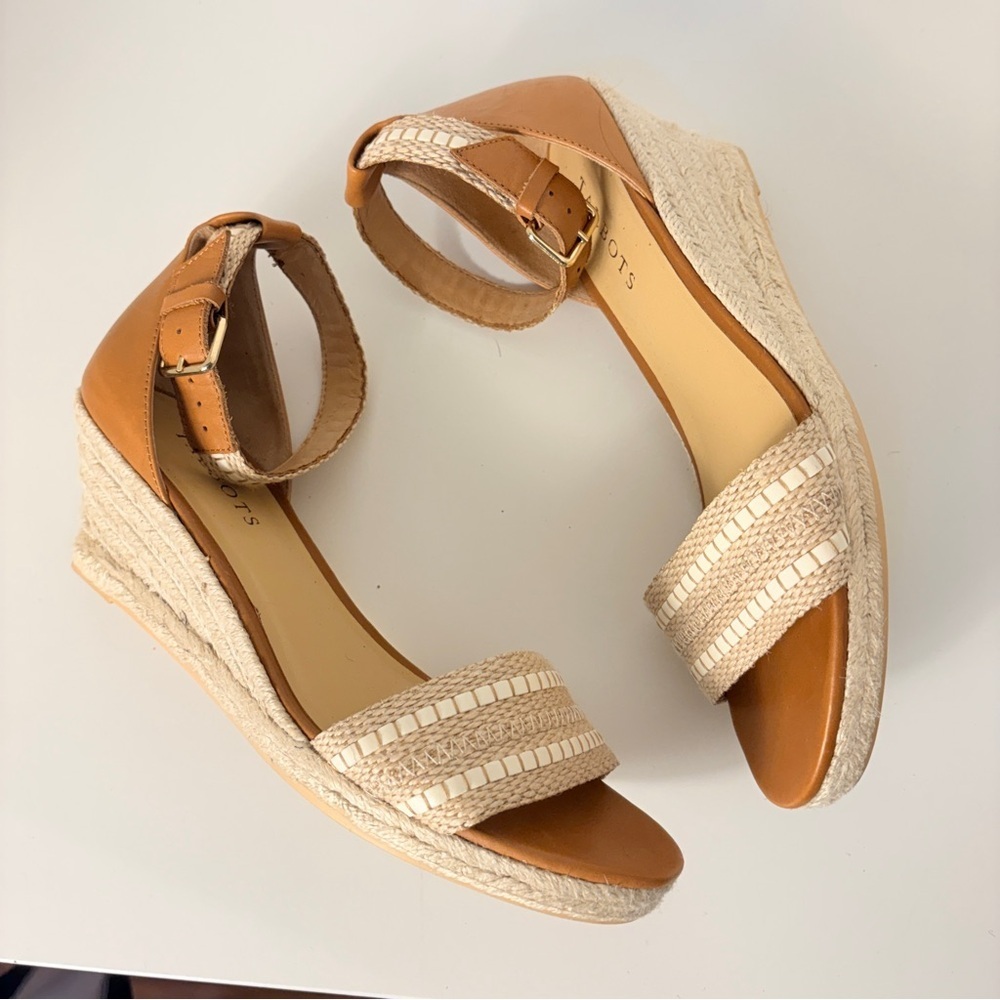 Talbots Tan Cream Espadrille Wedge Sandals Woven Ankle Strap Coastal
